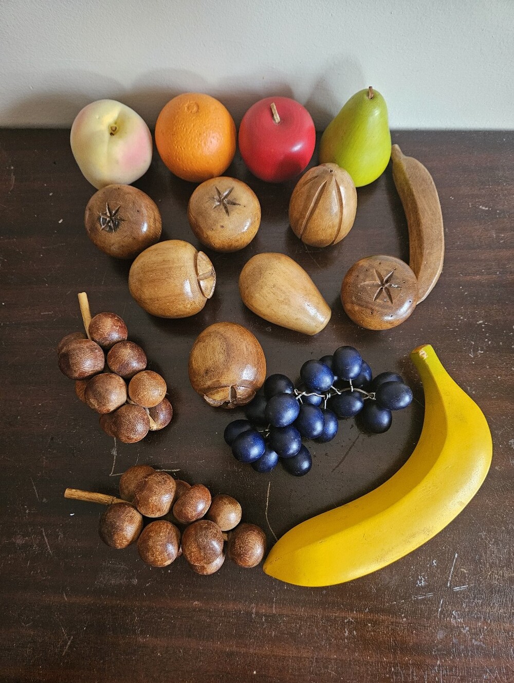 Vtg MCM Wooden Fruit Lot 14pc Monkey Pod Wood Grapes Banana Flocked Peach Retro